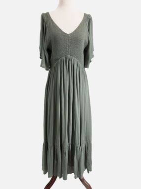 Baltic Born Smocked Bodice V Neck Tiered Peasant Midi Dress in Sage - Size Large